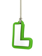 Green capital letter L hanging on rope with clipping path