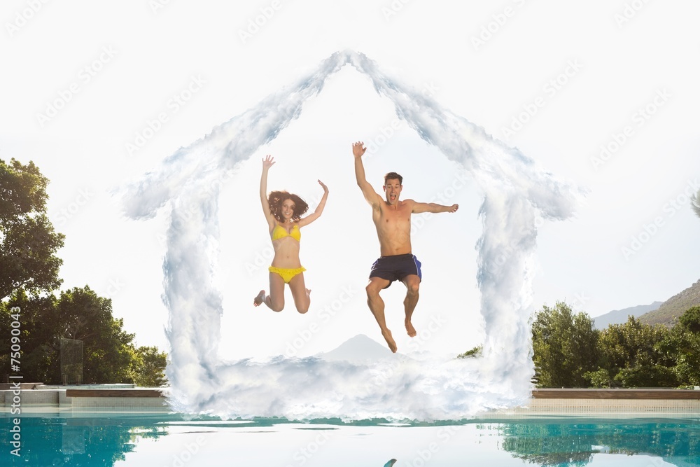 Poster composite image of cheerful couple jumping into swimming pool