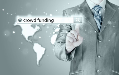 Businessman and crowd funding in search bar