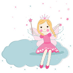 Cute fairy tale sitting on the cloud vector