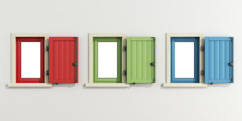 White facade with three colorful window