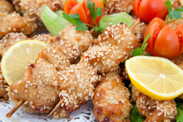 Chicken shish kebabs, skewers with vegetables