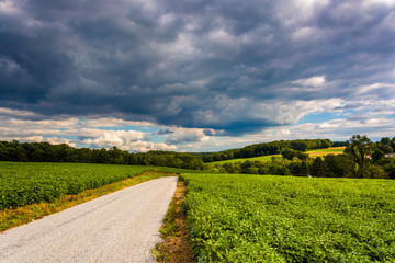 Stormy sky over a country road and farm fields near Cross Roads,
