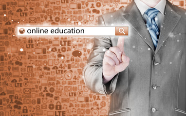 Online education written in search bar on virtual screen.
