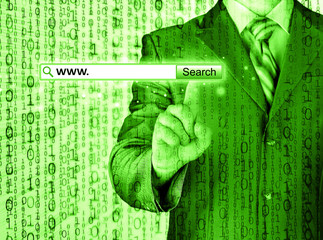 Businessman pushing virtual search bar