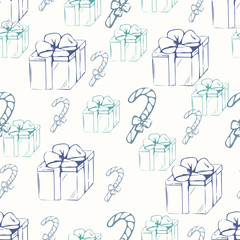 Gift boxes with canducane outline seamless pattern