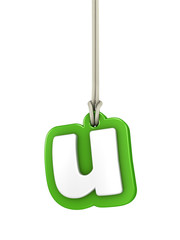 Green lowercase letter U hanging on rope with clipping path