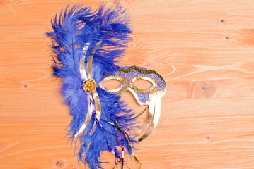 beautiful mask of feathers on a yellow board