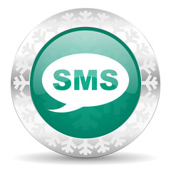 sms green icon, christmas button, message sign