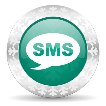 sms green icon, christmas button, message sign