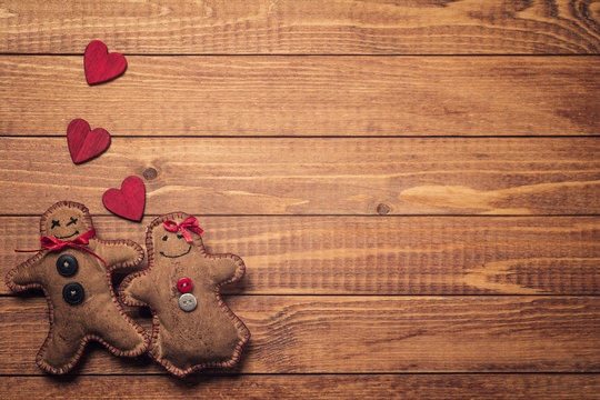 Textile toys in the shape of gingerbread on Valentine's Day. Spa