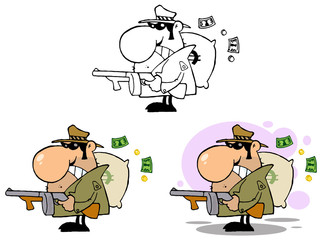 Gangster Holding A Machine Gun And Money Sack. Collection Set