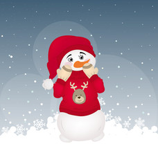 hiding snowman in a red printed pullover