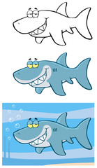 Happy Blue Shark Cartoon Character Flashing. Collection Set