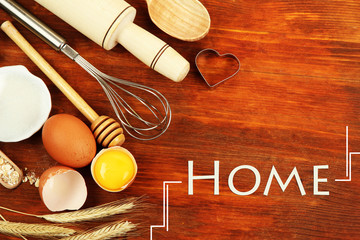 Home baking concept. Basic baking ingredients and kitchen tools