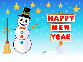 Snowman holding a Happy New Year signpost