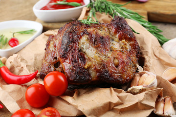 Delicious grilled meat on table