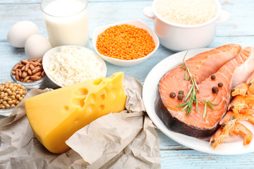 Food high in protein on table, close-up