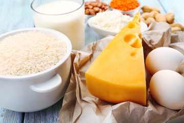 Food high in protein on table, close-up