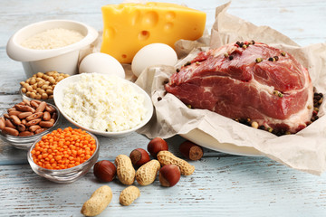 Food high in protein on table, close-up