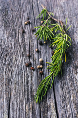 rosemary branch and spices on wooden table