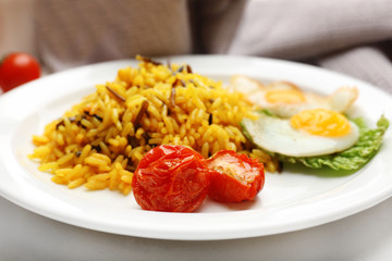 Tasty rice served on table, close-up