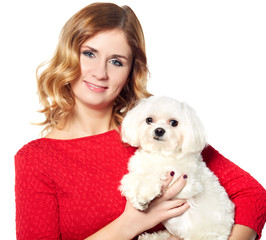 beautiful young woman and a sweet little white dog