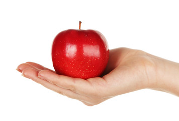 Woman holding red apple, isolated on white background