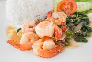Basil fried rice with shrimp (Pad kra prao kung), Thai food