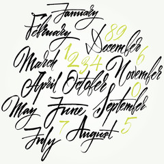 Title of months of the year. Numbers from 0 to 9.