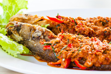 Fried whisker sheat fish with chili sauce