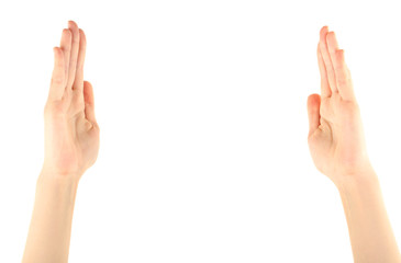 Two raising hands isolated on white background