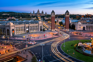 Aerial View on Placa Espanya and Montjuic Hill with National Art - obrazy, fototapety, plakaty