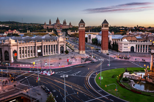 Aerial View on Placa Espanya and Montjuic Hill with National Art