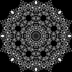 art white floral seamless symmetric pattern on black background