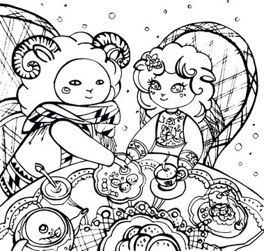 Lovers of lamb drinking tea with goodies, line drawing