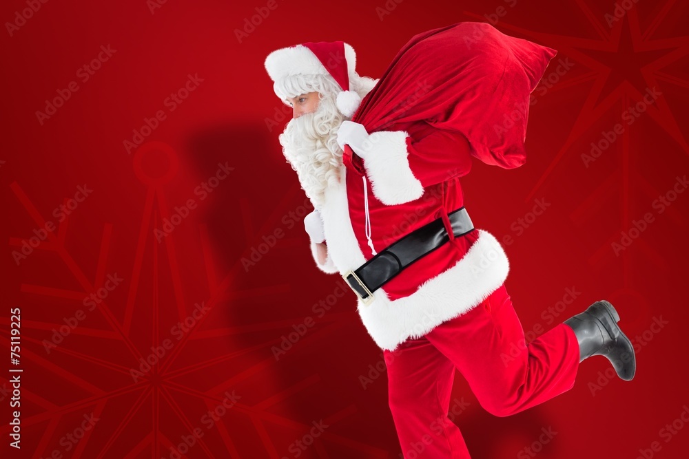 Poster composite image of santa claus walking with a sack