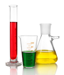 Test-tube and flasks with colorful fluid isolated on white