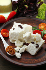 Feta cheese on table close-up