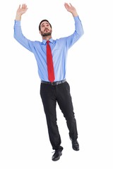 Fototapeta premium Businessman in suit pushing up with effort