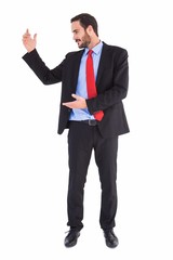 Smiling businessman holding something with his hands