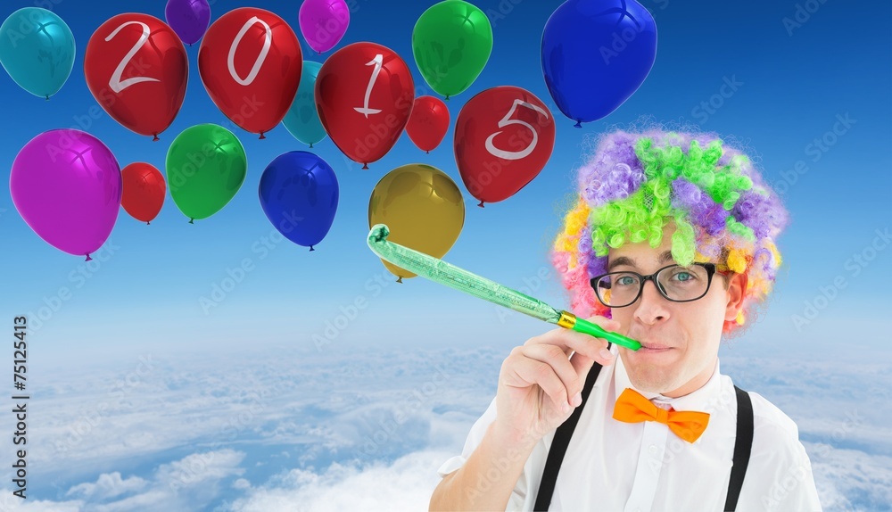 Poster Composite image of geek blowing party horn