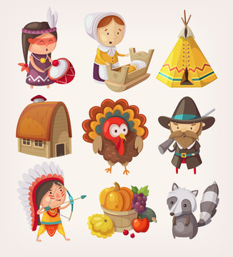 Set of thanksgiving items and characters
