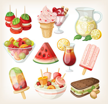 Set of cold sweet summer food and snacks