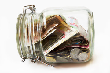 Money jar,  white background