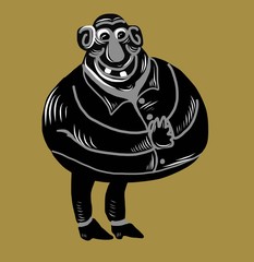 Cartoon drawing fat man with hands on potbelly