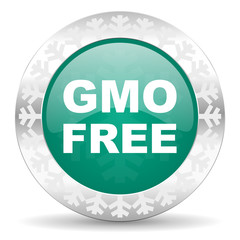 gmo free green icon, christmas button, no gmo sign