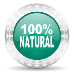 natural green icon, christmas button, 100 percent natural sign