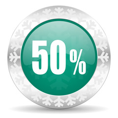 50 percent green icon, christmas button, sale sign