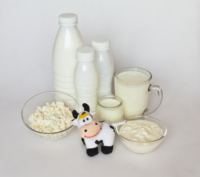 Delicious children's dairy products on white background